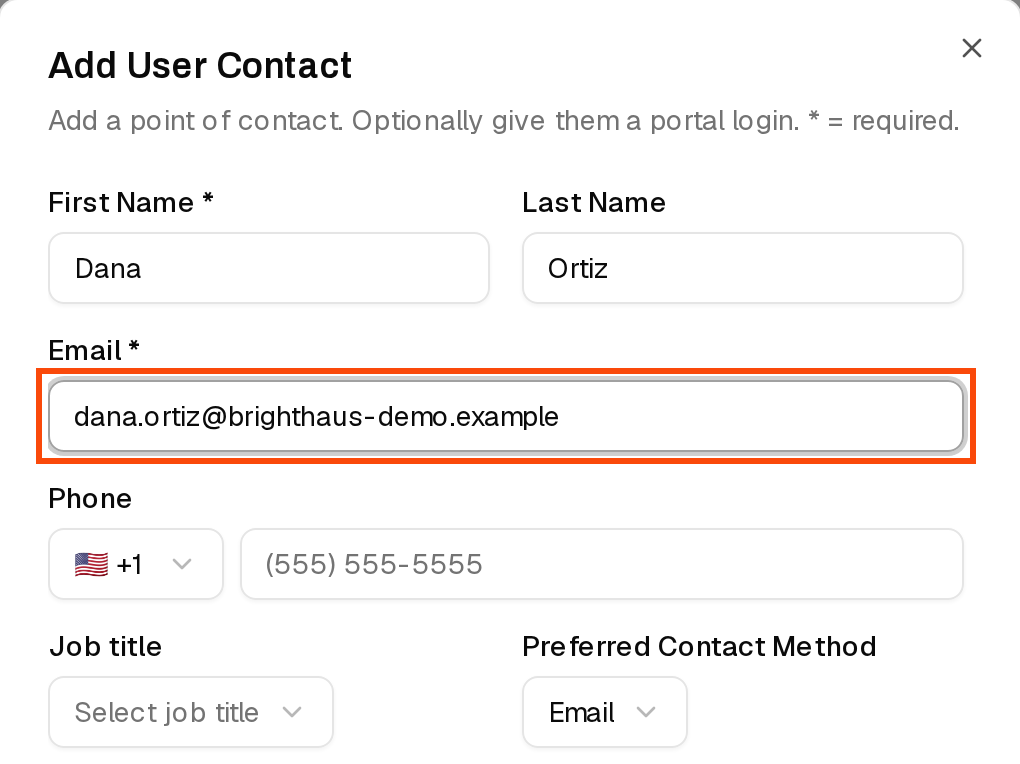 The Add User Contact window with a name and email entered and the Email field outlined