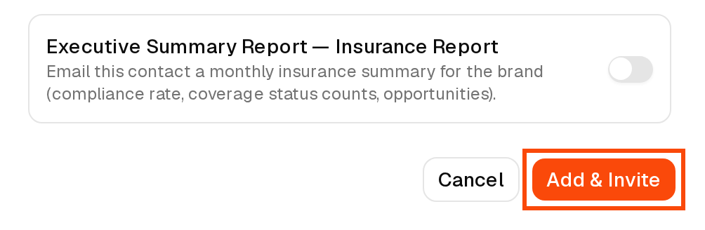 The Executive Summary Report switch and the Add and Invite button outlined