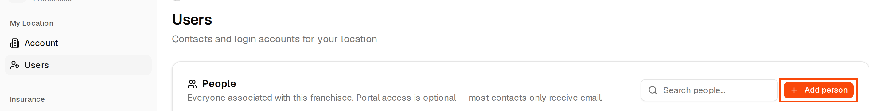 The franchisee Users page with the Add person button outlined