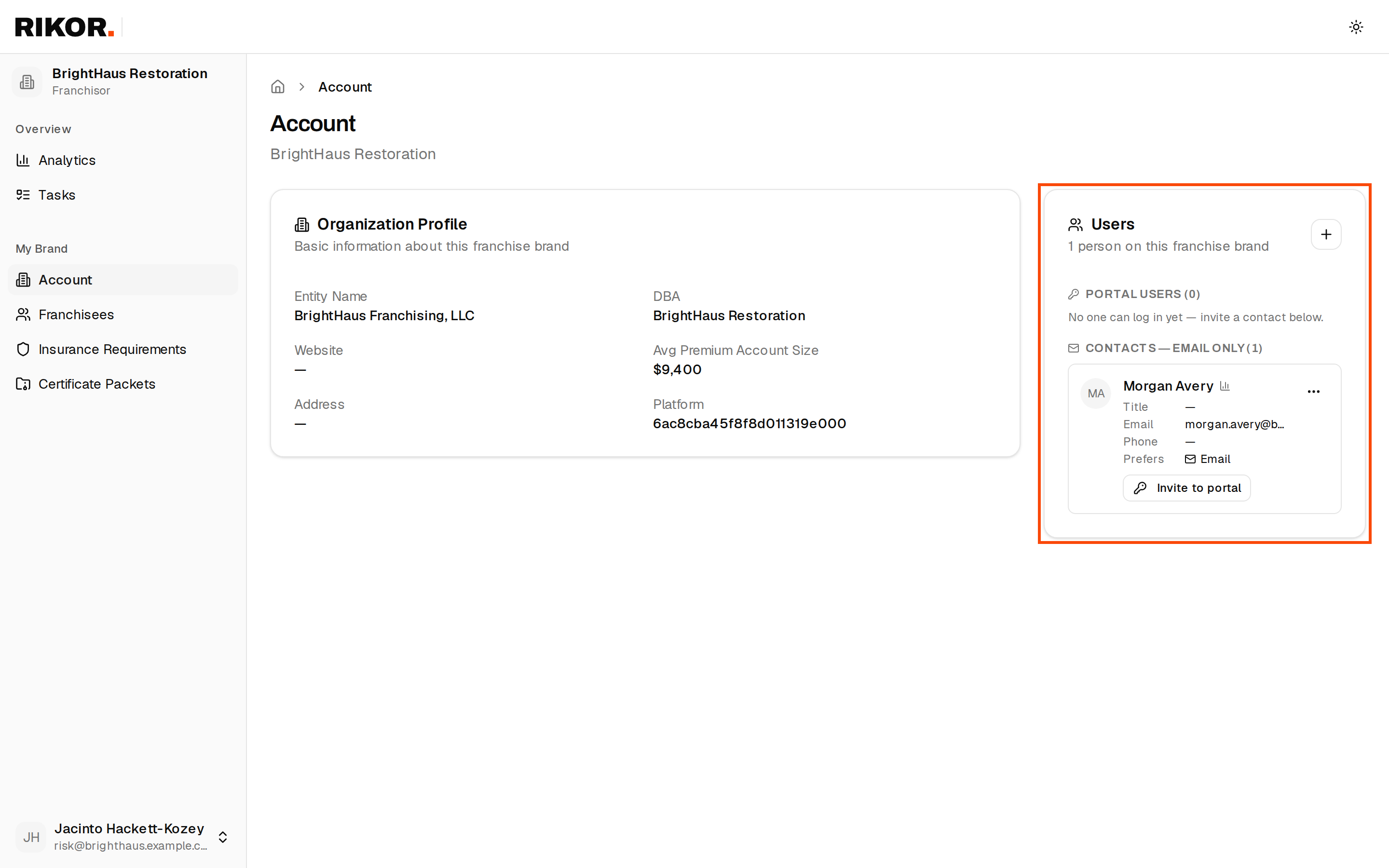 The Account page with the Users card outlined