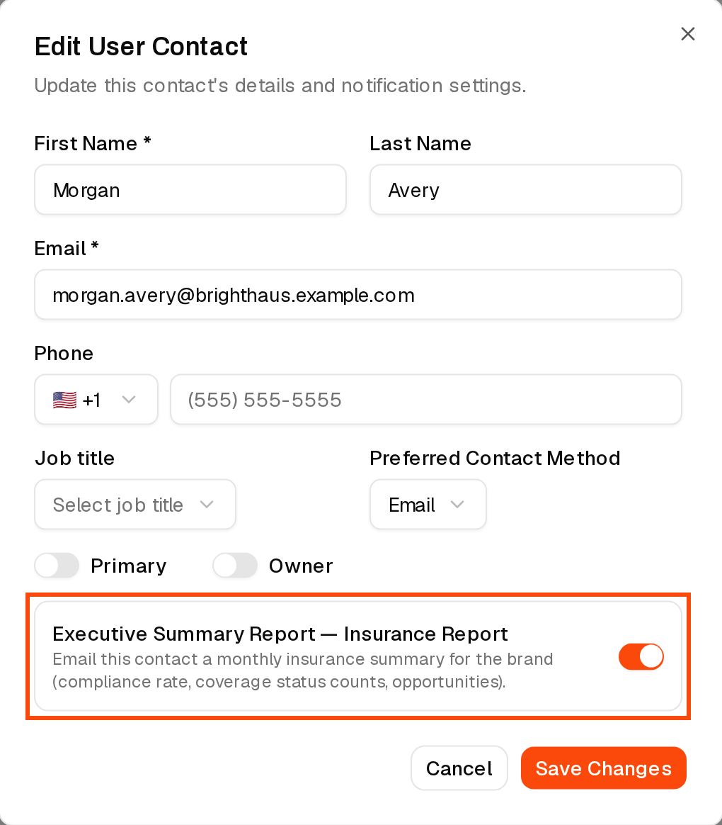 The Edit User Contact window with the Executive Summary Report switch outlined