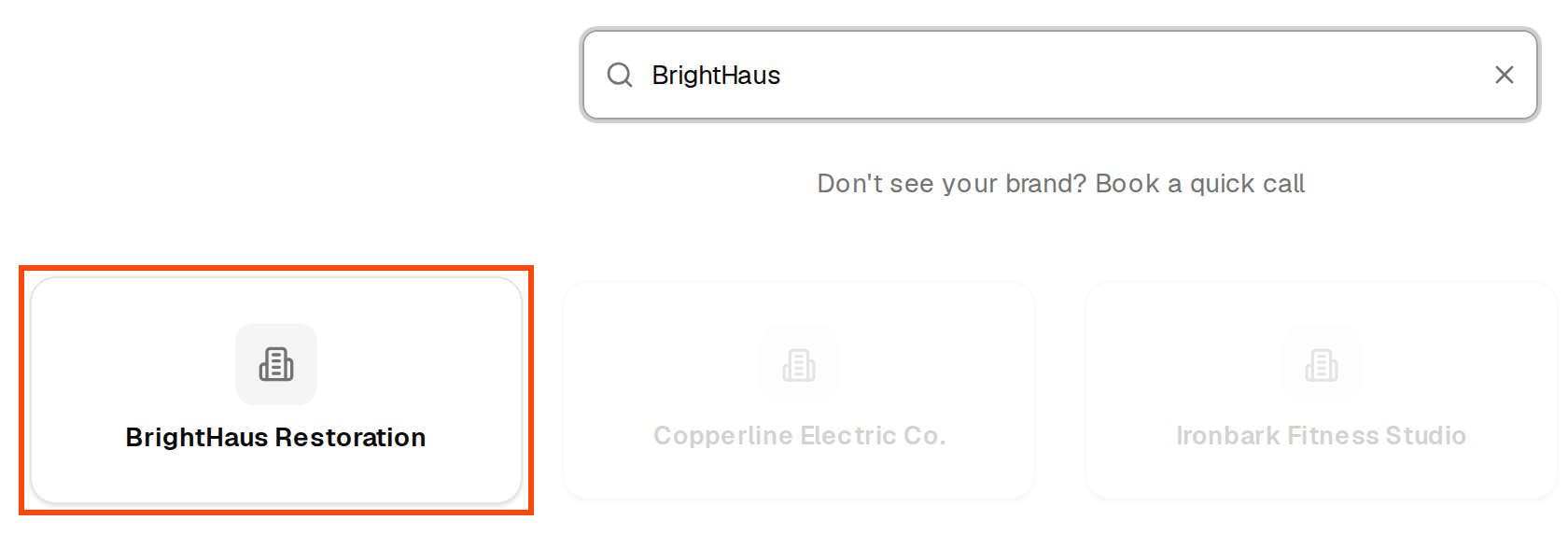 A brand found by the search, with its card outlined