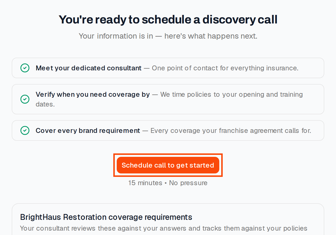 The finish screen with the Schedule call to get started button outlined above the brand's coverage requirements