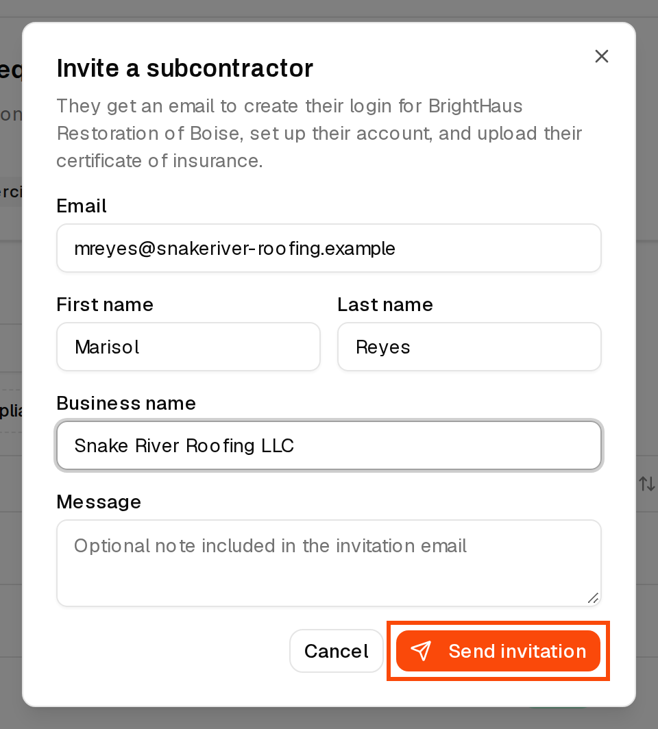 The Invite a subcontractor dialog filled in, with the Send invitation button outlined