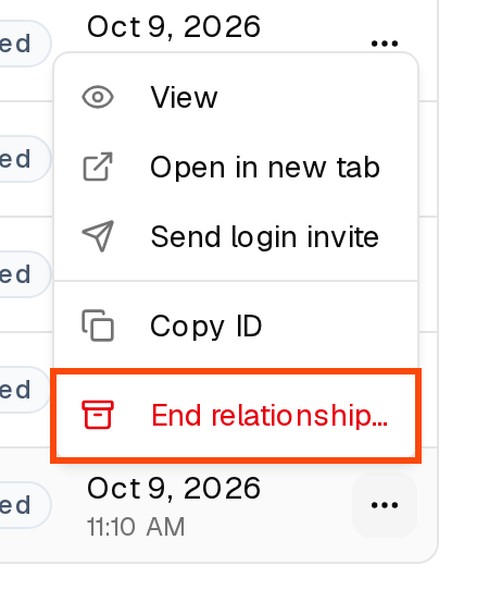 The row menu open, with End relationship outlined