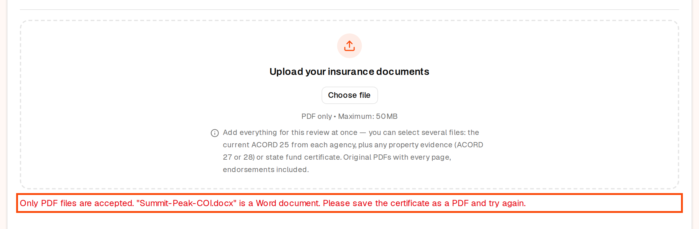 The message Only PDF files are accepted shown under the upload box, outlined