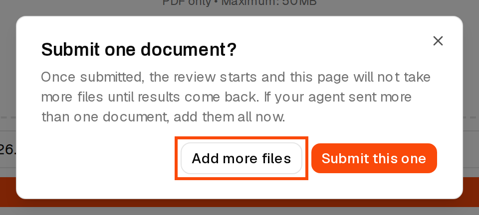 The Submit one document? dialog with the Add more files button outlined
